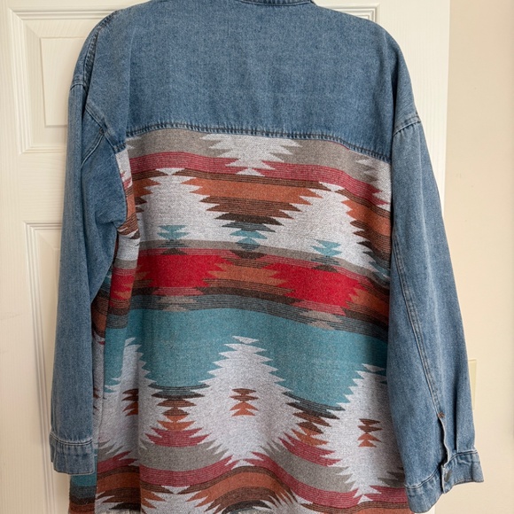 Lumister Women's Aztec Denim Jacket Distressed Lapel Long Sleeve Vintage Button - Picture 2 of 4